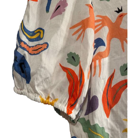 NEW CeCe Multi-Color Print Puff Sleeve V-Neck Tie Front Peplum Blouse Size Large - Picture 5 of 10